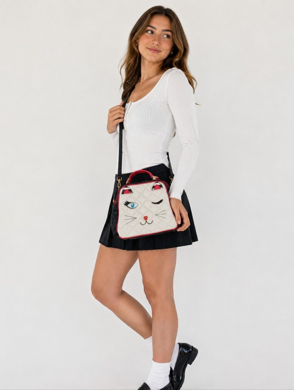 Betsey Johnson Whimsical Cat Face Quilted Lunchbox - White, Black & Pink